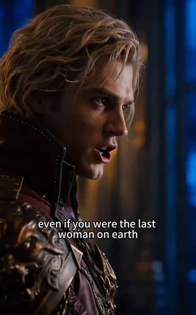 Frame ep04-f01 from episode 4 — Victor snarling at Cecilia in the blue-lit hall (ep4; subtitles as aired — Even if you were the last woman on earth, I wouldn't spare you a glance.)
