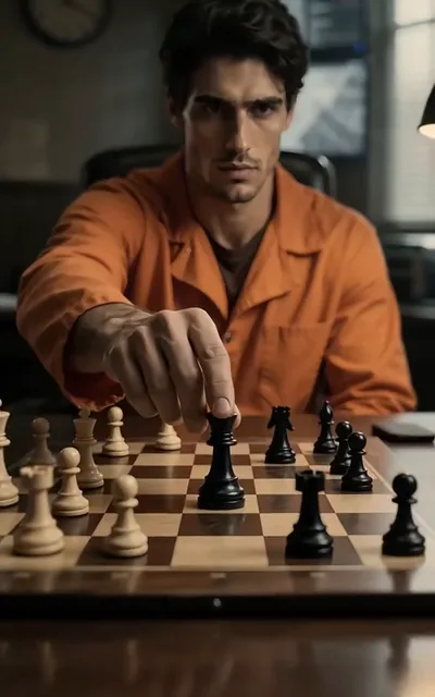 Frame ep01-f01 from episode 1 — Logan playing chess in his orange prison jumpsuit (ep1; subtitles as aired — From that day, I became the true uncrowned king of this prison.)