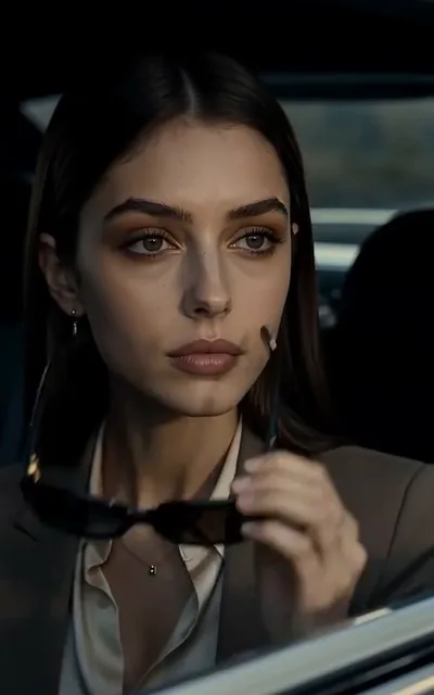 Frame ep01-f03 from episode 1 — Serena in the car holding her sunglasses (ep1; subtitles as aired — She was the poisoned heiress no doctor could save.)