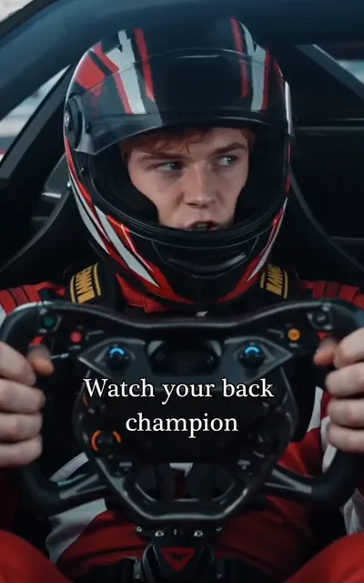 Frame ep02-f00 from episode 2 — Kane at the wheel with helmet (ep2; subtitles as aired — The lead is mine, Kane. Your three trophies cannot save your speed here.)