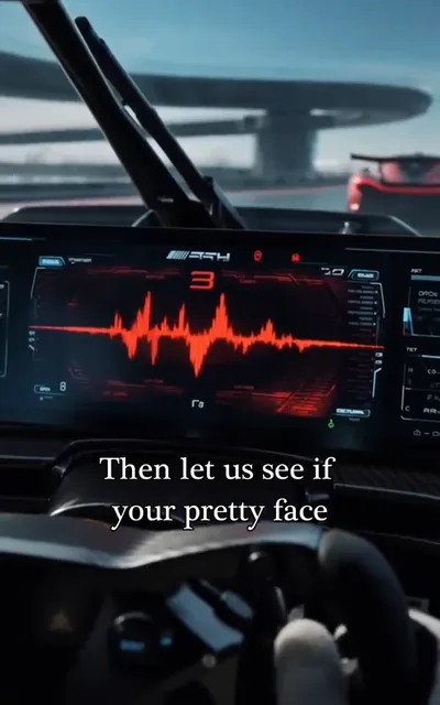 Frame ep02-f02 from episode 2 — Cockpit telemetry mid-race (ep2; subtitles as aired — One centimeter is all I need to crush your fragile pride.)