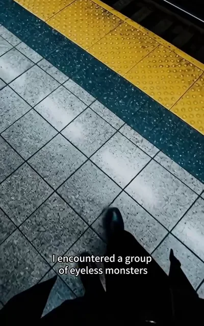 Frame ep01-f00 from episode 1 — Alex on the last subway train (ep1; subtitles as aired — My name is Alex. On the last subway train, I encountered a group of eyeless monsters.)