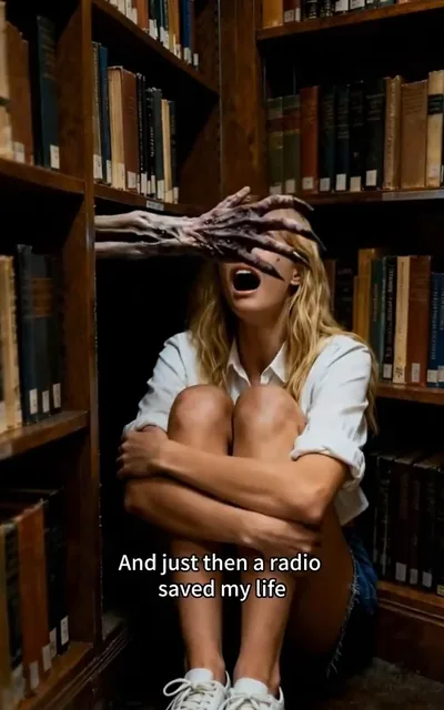 Frame ep02-f01 from episode 2 — Lisa hides in the library stacks (ep2; subtitles as aired — I hid in a corner, not daring to make a sound.)
