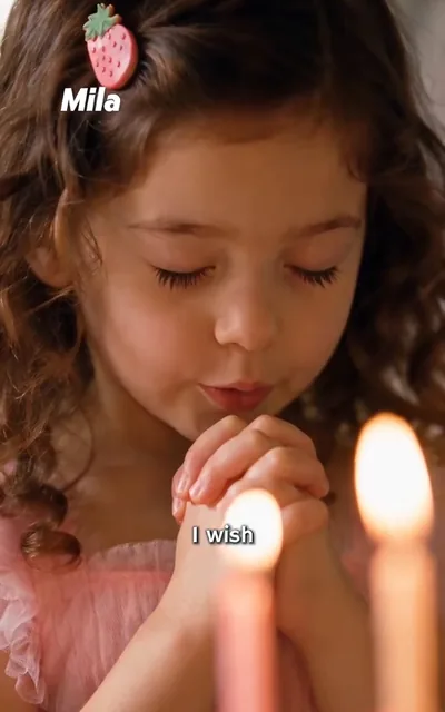 Frame ep01-f00 from episode 1 — Mila blows out her birthday candle (ep1; subtitles as aired — I wish Mommy and dad will always love me and Leo, too. I want us to be a family forever.)