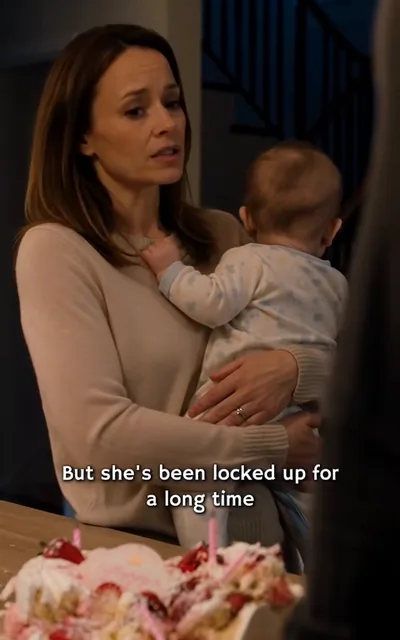 Frame ep03-f01 from episode 3 — Mother holding the baby, cake untouched (ep3; subtitles as aired — She's been locked up for a long time.)