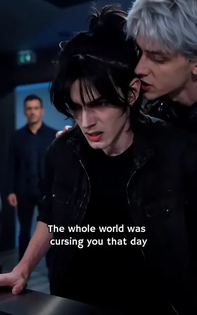 Frame ep02-f02 from episode 2 — Noah leaning to Adrian's ear (ep2; subtitles as aired — The whole world was cursing you that day.)