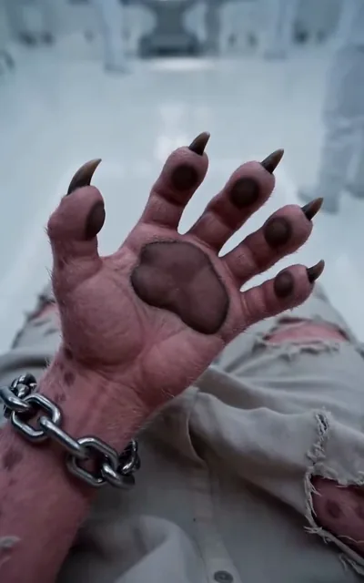 Frame ep05-f00 from episode 5 — PAX shows her his clawed hand (ep5; subtitles as aired — They created me. Why? To make something stronger than humans.)