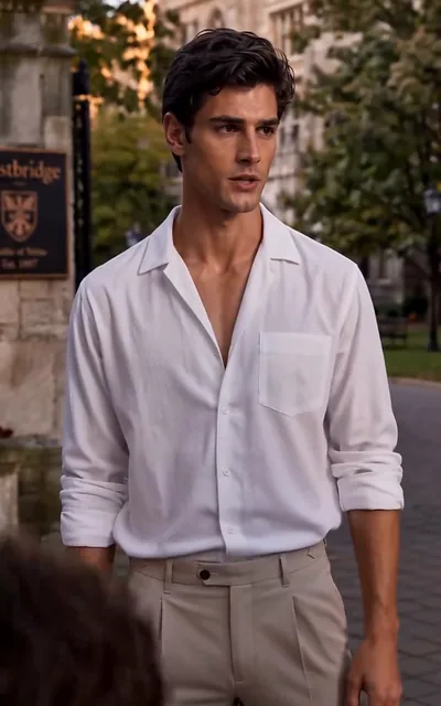 Frame ep04-f01 from episode 4 — Lucas defends Ethan on campus (ep4; subtitles as aired — Don't make a scene on my campus.)