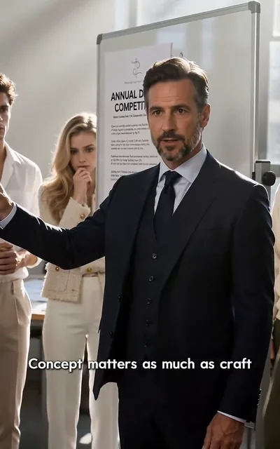Frame ep05-f01 from episode 5 — The design competition brief is announced (ep5; subtitles as aired — Annual design competition winner earns the New York Independent Designer Internship.)