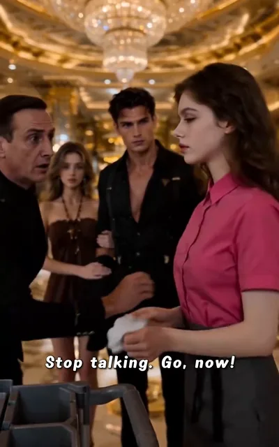Frame ep06-f02 from episode 6 — Theodosia mid-shift, the men in suits block her path (ep6; subtitles as aired — Making a living through my own work isn't undignified. I need this job.)