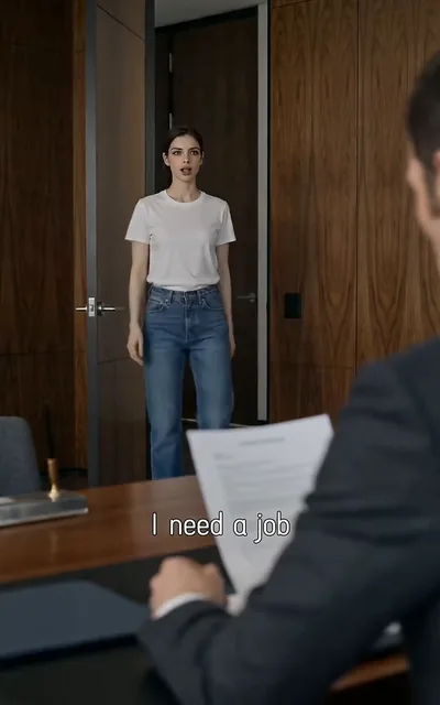 Frame ep02-f02 from episode 2 — Ava asks for a job in the boardroom (ep2; subtitles as aired — I need a job. No time for games. Succeed, I want CEO.)