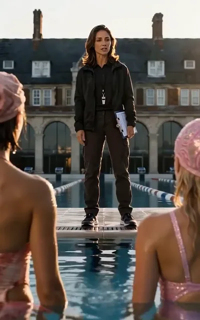 Frame ep06-f02 from episode 6 — The coach on the poolside platform (ep6; subtitles as aired — Maya is on the championship lineup.)
