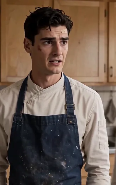 Frame ep02-f00 from episode 2 — Leon in the diner kitchen (ep2; subtitles as aired — Shadow Crown CEO Leon Sterling plunged from a cliff in the Swiss Alps.)