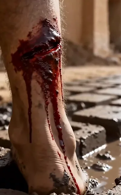 Frame ep01-f00 from episode 1 — The wounded leg and the mud of the brick pits (ep1; subtitles as aired — The first time his name is spoken is not in a palace, but in the cries of the brick pits.)
