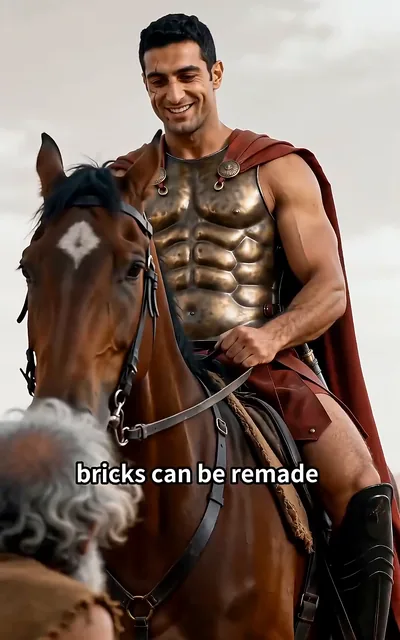 Frame ep01-f01 from episode 1 — The young prince on horseback in golden armor (ep1; subtitles as aired — Bricks can be remade and slave bones can be replaced.)