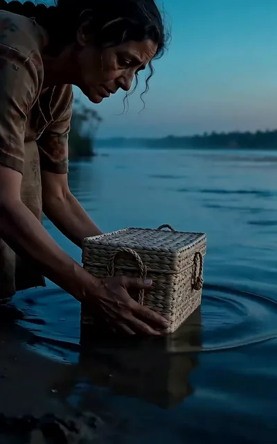 Frame ep02-f03 from episode 2 — The reed basket set on the Nile (ep2; subtitles as aired — If I cannot keep him in my arms, I will place him upon waters God can see.)