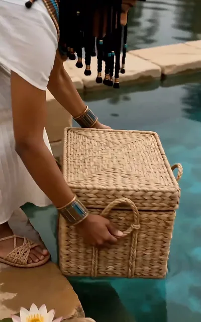 Frame ep03-f01 from episode 3 — The basket handed up at the riverbank (ep3; subtitles as aired — Your highness, this is a child the king ordered to die. I can find a nurse for him.)