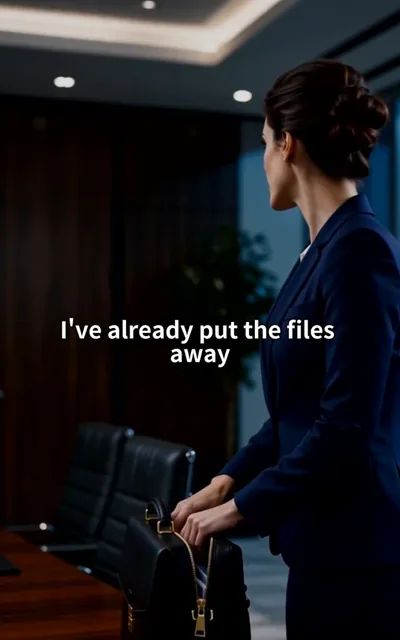 Frame ep01-f01 from episode 1 — Claire with her briefcase after the meeting (ep1; subtitles as aired — I've already put the files away.)