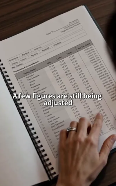 Frame ep02-f00 from episode 2 — The audited spreadsheet in Claire's hands (ep2; subtitles as aired — Mark's numbers don't add up. Three acquisition transfers went to two affiliated companies.)