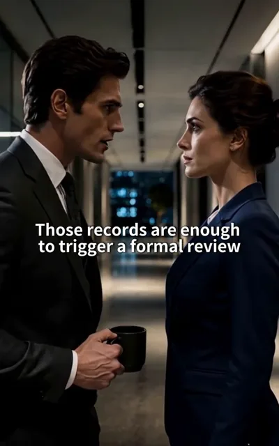 Frame ep02-f02 from episode 2 — Claire and Alexander face off in the corridor (ep2; subtitles as aired — Those records are enough to trigger a formal review.)