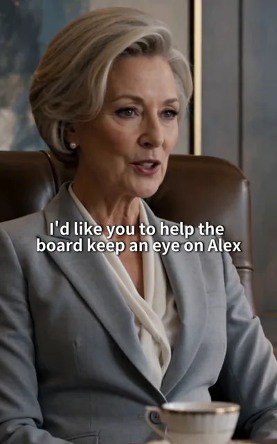 Frame ep03-f00 from episode 3 — Nora in her boardroom chair (ep3; subtitles as aired — I'd like you to help the board keep an eye on Alex. He can be impulsive.)
