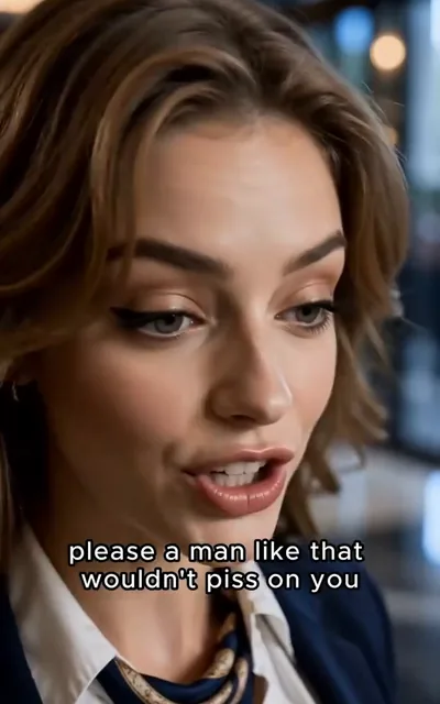 Frame ep01-f02 from episode 1 — Vivian sneers at Ava in the lobby (ep1; subtitles as aired — A man like that wouldn't piss on you if you were on fire.)