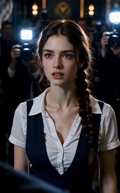 Frame ep03-f00 from episode 3 — Ava in the press scrum, braided hair, hotel uniform (ep3; subtitles as aired — Let go of me, you coward.)