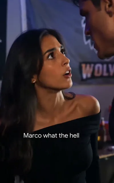 Frame ep01-f00 from episode 1 — Mila looks up at the confrontation (ep1; subtitles as aired — Marco what the hell?)