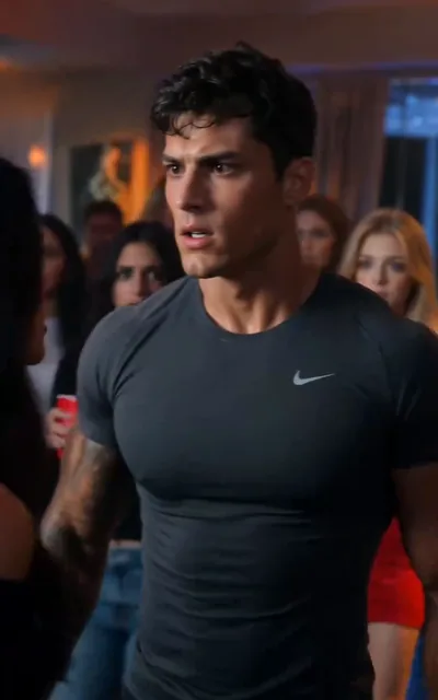 Frame ep01-f01 from episode 1 — Blackwood in the fitted tee at the party (ep1; subtitles as aired — Rough night, Little firecracker.)