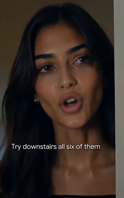 Frame ep02-f00 from episode 2 — Mila in the off-shoulder top (ep2; subtitles as aired — Try downstairs all six of them.)