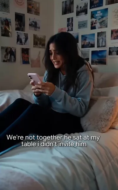 Frame ep06-f00 from episode 6 — Mila holding the phone (ep6; subtitles as aired — We're not together. He sat at my table. I didn't invite him.)
