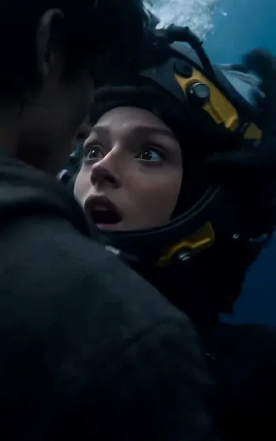 Frame ep02-f00 from episode 2 — She grabs his arm in the dark (ep2; subtitles as aired — Let go. Who were these people?)