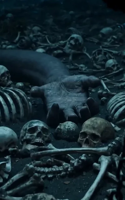 Frame ep03-f03 from episode 3 — The cave floor littered with bones (ep3; subtitles as aired — Seventh team, my father's team.)