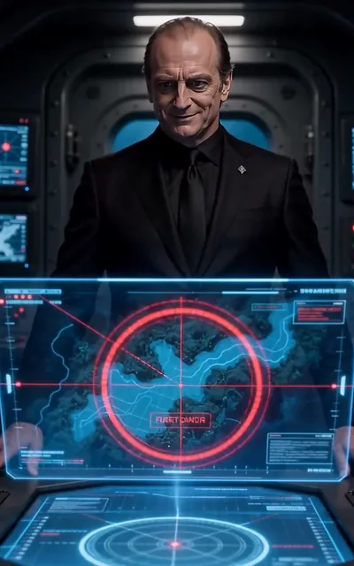 Frame ep05-f01 from episode 5 — The Commander over the red target screen (ep5; subtitles as aired — Target cave confirmed. Deploy the bait.)