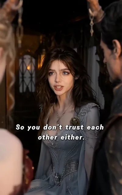 Frame ep04-f02 from episode 4 — Tove in the pale gown at the palace (ep4; subtitles as aired — Is this how you greet people, by putting your hands on them?)