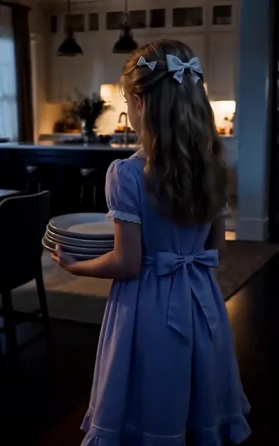 Frame ep01-f01 from episode 1 — Lily in a blue dress holding plates (ep1; subtitles as aired — When he sees that I made dinner all by myself.)