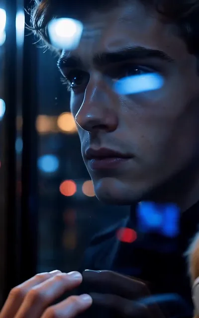 Frame ep01-f03 from episode 1 — Ethan's profile with blue city light (ep1; subtitles as aired — I finally found your eyes, Leo.)