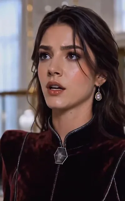 Frame ep01-f00 from episode 1 — Mia in the burgundy velvet dress (ep1; subtitles as aired — You don't get to wear my ring anymore.)