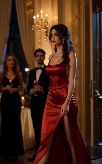 Frame ep02-f02 from episode 2 — Vivian in the red dress at the gala (ep2; subtitles as aired — We're going to Marcus Vance.)