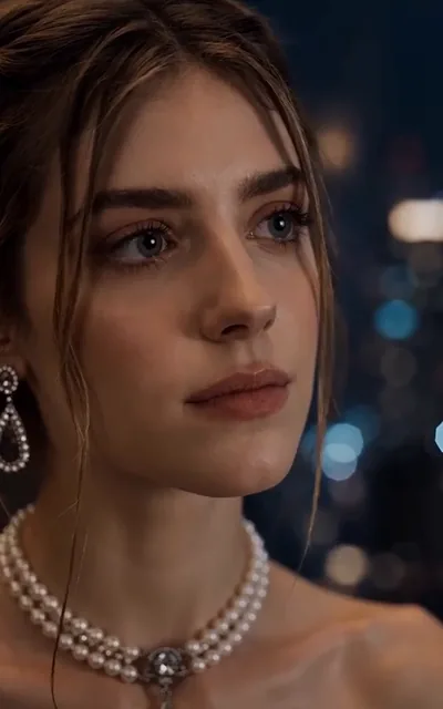 Frame ep01-f02 from episode 1 — Louise close-up in the evening gown (ep1; subtitles as aired — Three years ago, I was the global stock market legend, Alice.)