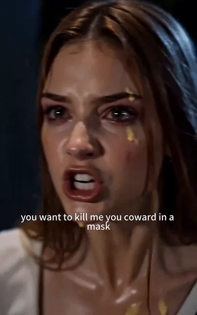 Frame ep05-f00 from episode 5 — Chloe cornered, liquid poured (ep5; subtitles as aired — You want to kill me, you coward in a mask.)