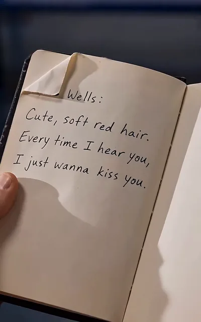 Frame ep03-f03 from episode 3 — The open diary page (ep3; subtitles as aired — Wells: Cute, soft red hair. Every time I hear you, I just wanna kiss you.)