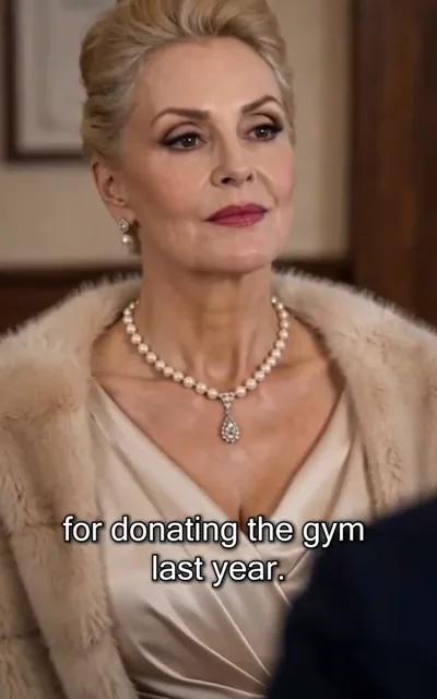 Frame ep08-f01 from episode 8 — Mrs. Pryce with the pearls (ep8; subtitles as aired — Thank you for donating the gym last year.)