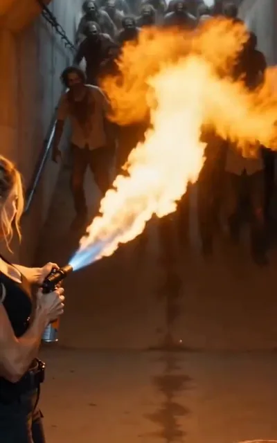 Frame ep05-f03 from episode 5 — Kira with the flamethrower (ep5; subtitles as aired — My ankle.)