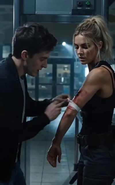 Frame ep07-f00 from episode 7 — The Rookie wraps Kira's arm (ep7; subtitles as aired — We need real medical supplies and gear.)