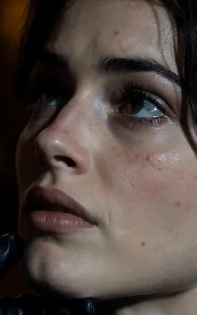 Frame ep01-f03 from episode 1 — Lucia's close-up, eyes glistening (ep1; subtitles as aired — Please just let this end.)