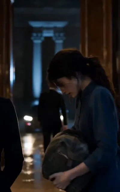 Frame ep03-f00 from episode 3 — Lucia carries her bag through the mansion at night (ep3; subtitles as aired — Where am I supposed to sleep?)