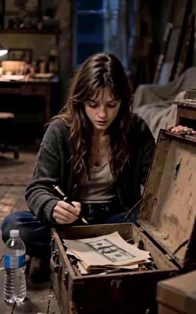 Frame ep01-f03 from episode 1 — Maya rummages through her father's old trunk (ep1; subtitles as aired — Dad left me a pen.)