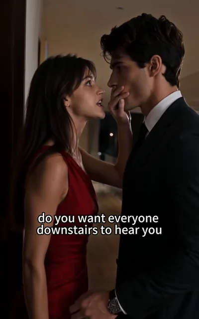 Frame ep08-f00 from episode 8 — Maya in a red gown close to Jason (ep8; subtitles as aired — Do you want everyone downstairs to hear you?)