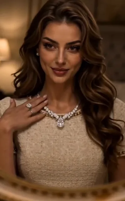 Frame ep01-f03 from episode 1 — Vivian in her pearl necklace and cream gown (ep1; subtitles as aired — Enjoy my life while you can, you cheap knockoff.)